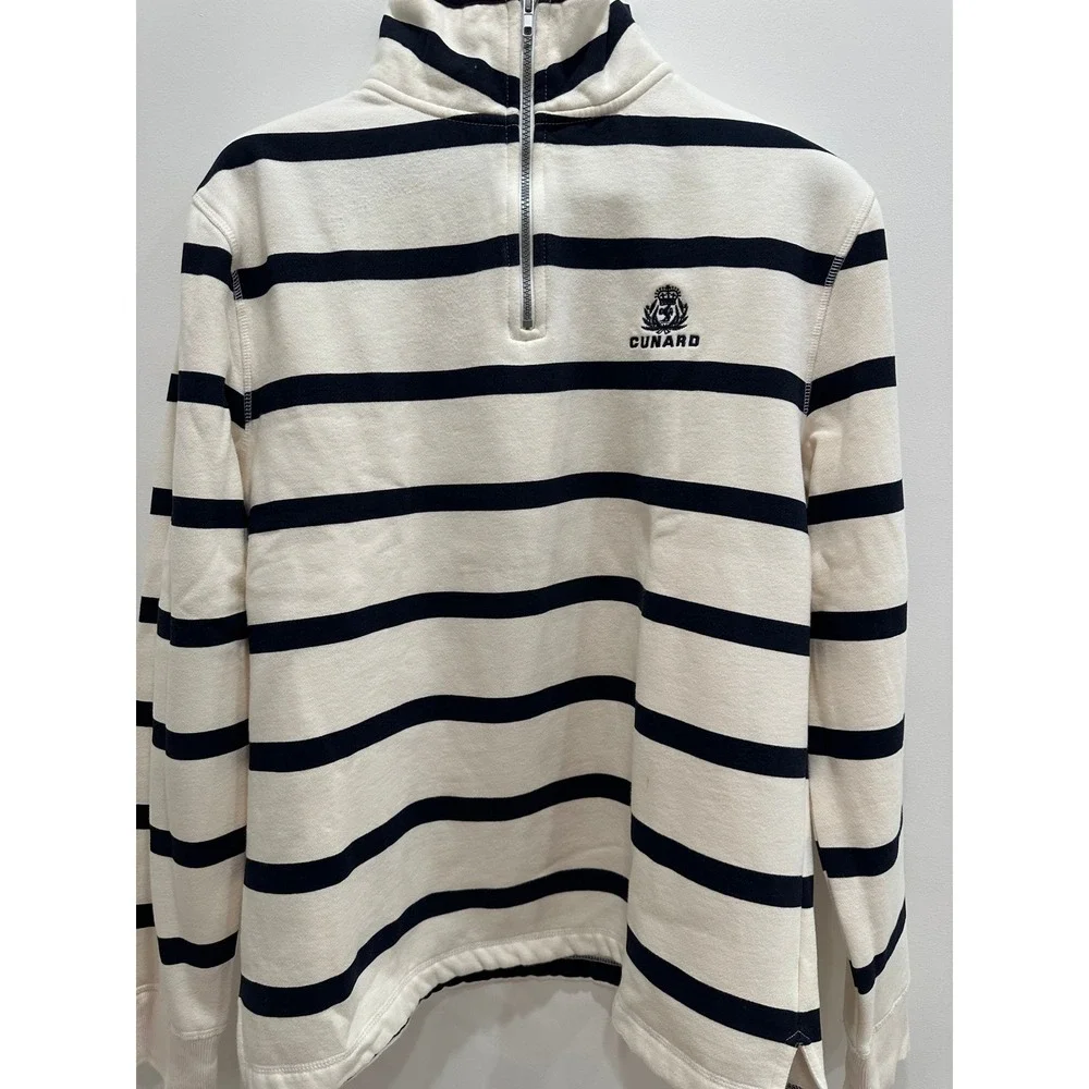 Cunard Mens XL Quarter Zip Sweatshirt Nautical Striped Fleece Pullover Cream
